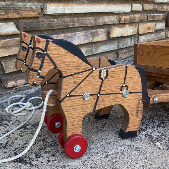 Vintage EUC Wooden 2 Horses & Wagon Pull Toy - Picture 9 of 12